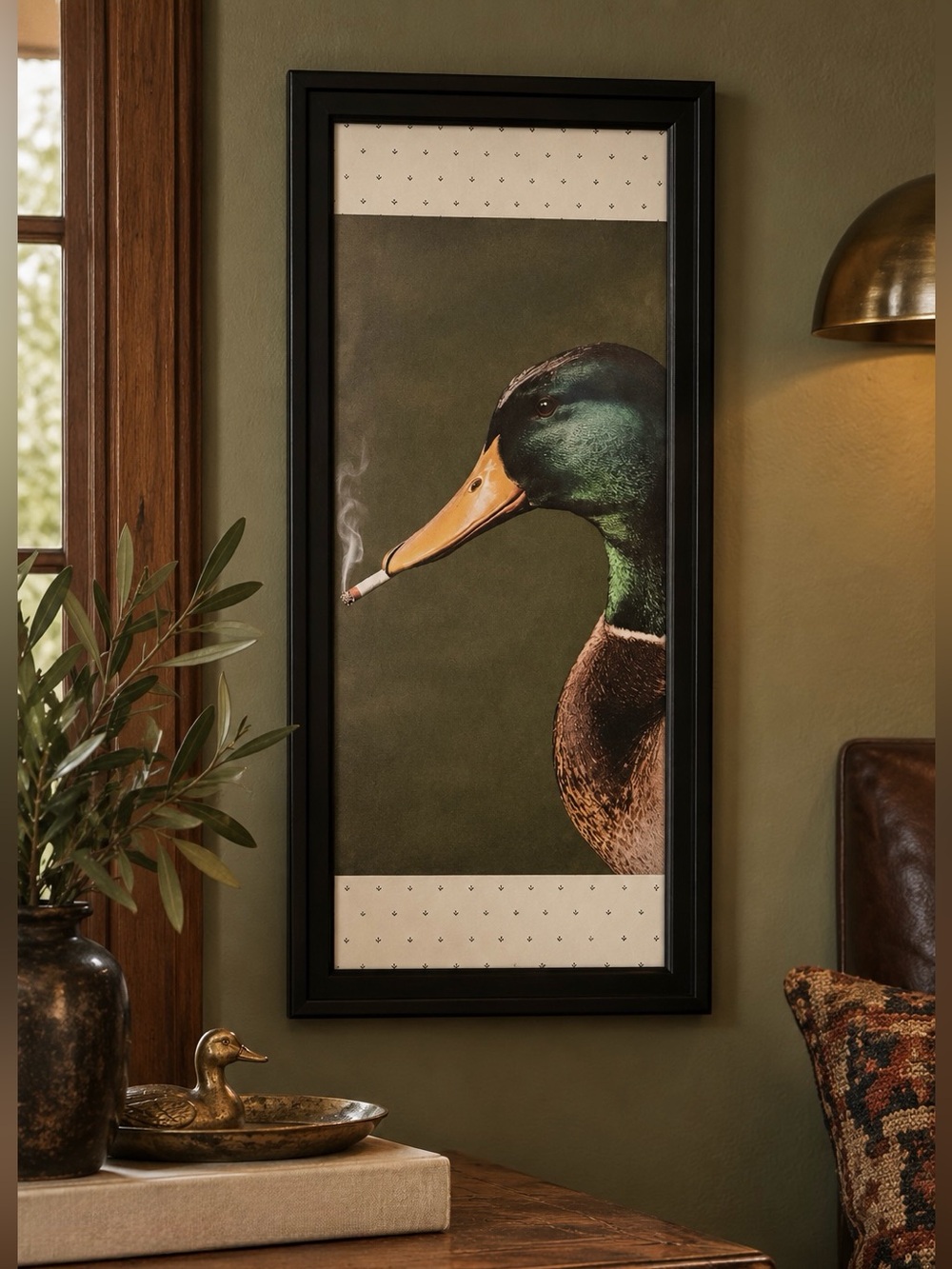 Mallard Duck Smoking a Cigarette Vintage Style Canvas Wall Art Print Black Frame
